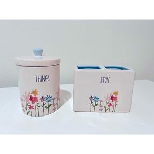 Rae Dunn 2 Piece THINGS Jar and STUFF Makeup Brushes Organizer Floral Watercolor